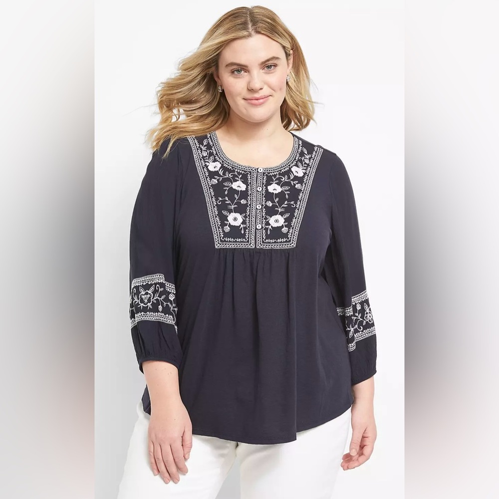 Like New Blouson Sleeve Henley Embroidered Top “Night Sky”
